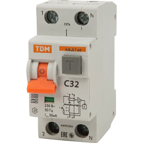 Дифференциальный автомат Tdm Electric АВДТ-63 1P N C32 A 30 мА 6 кА A SQ0202-0005