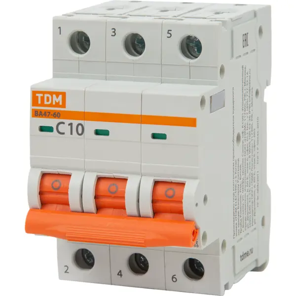Автоматический выключатель TDM Electric ВА47-60 3P C10 А 6 кА SQ0223-0107 автоматический выключатель tdm electric ва47 60 2p c40 а 6 ка sq0223 0097