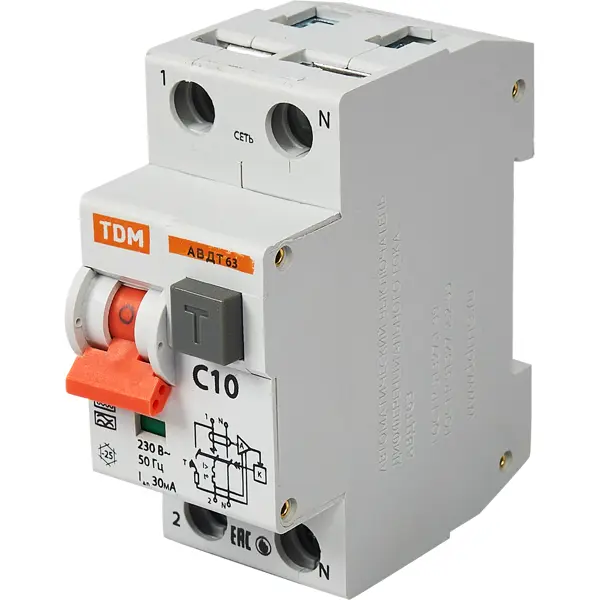 Дифференциальный автомат Tdm Electric АВДТ-63 2P C10 A 30 мА 6 кА A SQ0202-0001 модульный автомат schneider electric
