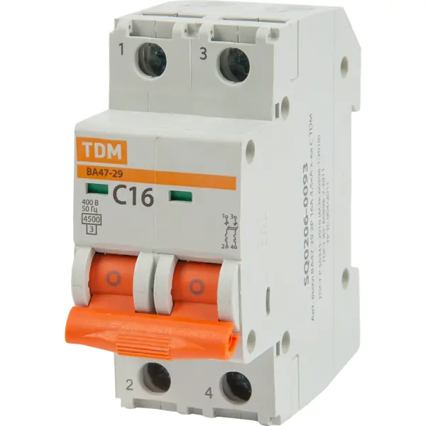 Автоматический выключатель TDM Electric ВА47-29 2P C16 А 4.5 кА SQ0206-0093 автоматический выключатель tdm electric ва47 29 3p c10 а 4 5 ка sq0206 0107