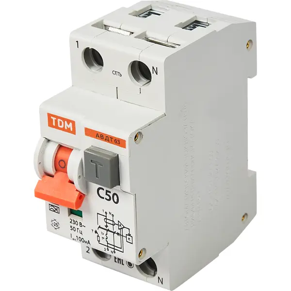 Дифференциальный автомат Tdm Electric АВДТ-63 1P N C50 A 100 мА 6 кА A SQ0202-0014
