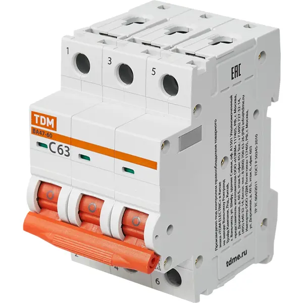 Автоматический выключатель TDM Electric ВА47-60 3P C63 А 6 кА SQ0223-0115 автоматический выключатель tdm electric ва47 60 4p c32 а 6 ка sq0223 0128