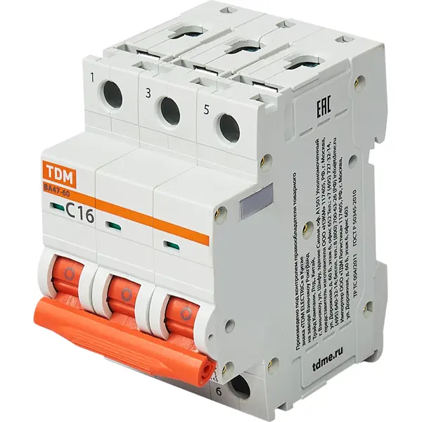 Автоматический выключатель TDM Electric ВА47-60 3P C16 А 6 кА SQ0223-0109 автоматический выключатель tdm electric ва47 60 2p c63 а 6 ка sq0223 0099