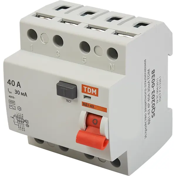 УЗО Tdm Electric ВД1-63 4P 40 A 30 мА 4.5 кА AC SQ0203-0038 устройство защитного отключения tdm electric вд1 63 2 полюса 16 а 10 ма sq0203 0002