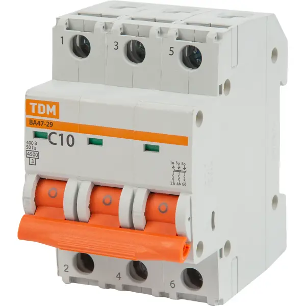Автоматический выключатель TDM Electric ВА47-29 3P C10 А 4.5 кА SQ0206-0107 автоматический выключатель tdm electric ва47 29 3p c16 а 4 5 ка sq0206 0109