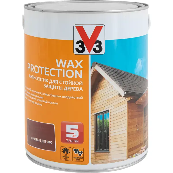 фото Антисептик для дерева v33 wax protection полуглянцевый цвет красное дерево 2.5 л