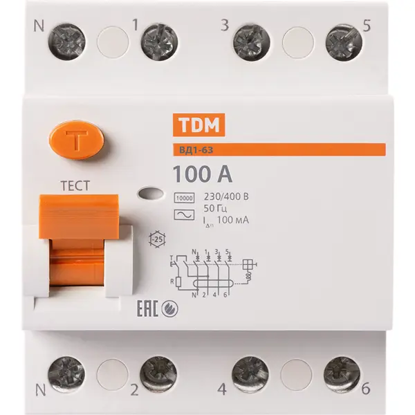 УЗО Tdm Electric ВД1-63 4P 100 A 100 мА 4.5 кА AC SQ0203-0048 устройство защитного отключения tdm electric вд1 63 2 полюса 16 а 10 ма sq0203 0002