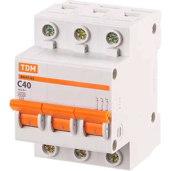 Автоматический выключатель TDM Electric ВА47-63 3P C40 А 4.5 кА SQ0218-0023 таймер электронный tdm electric тэ 16 ac 1мин 24ч 8on off sq1503 0023