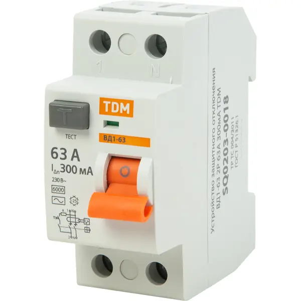 УЗО Tdm Electric ВД1-63 2P 63 A 300 мА 4.5 кА AC SQ0203-0018 устройство защитного отключения tdm electric вд1 63 2 полюса 16 а 10 ма sq0203 0002