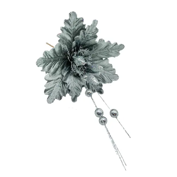 Украшение цветок на ветке 40 см серебро