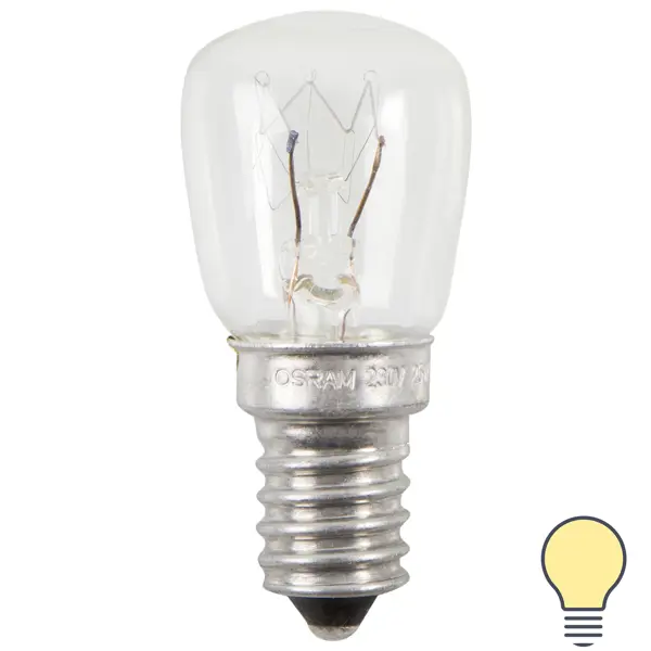 Лампа накаливания для холодильника Osram трубчатая T26/57 E14 25 Вт свет тёплый белый лампа светодиодная филаментная thomson e27 9w 2700k прямосторонняя трубчатая прозрачная th b2107