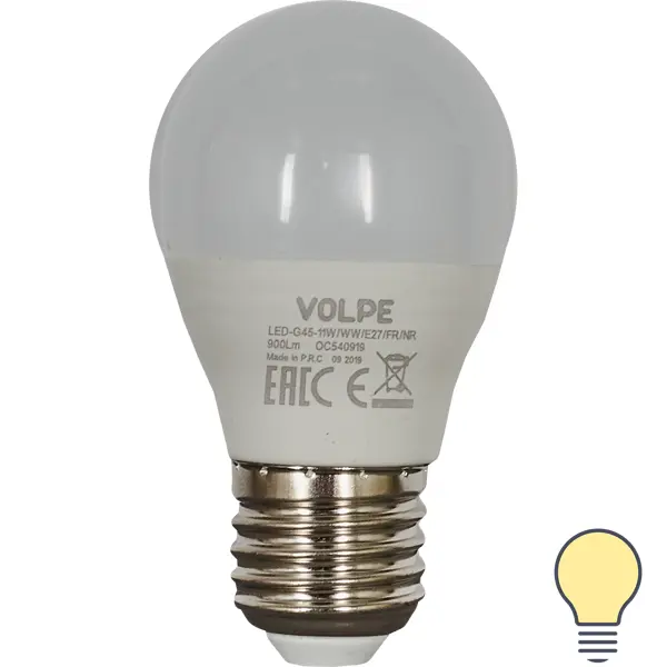 Лампа светодиодная Volpe Norma E27 220 В 11 Вт шар 900 лм тёплый белый свет мормышка столбик оранжевый чёрная полоска шар белый вес 0 5 г
