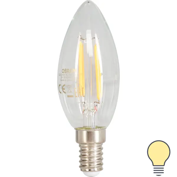 фото Лампа светодиодная филаментная osram e14 220 в 5 вт свеча прозрачная 520 лм тёплый белый свет, для диммера