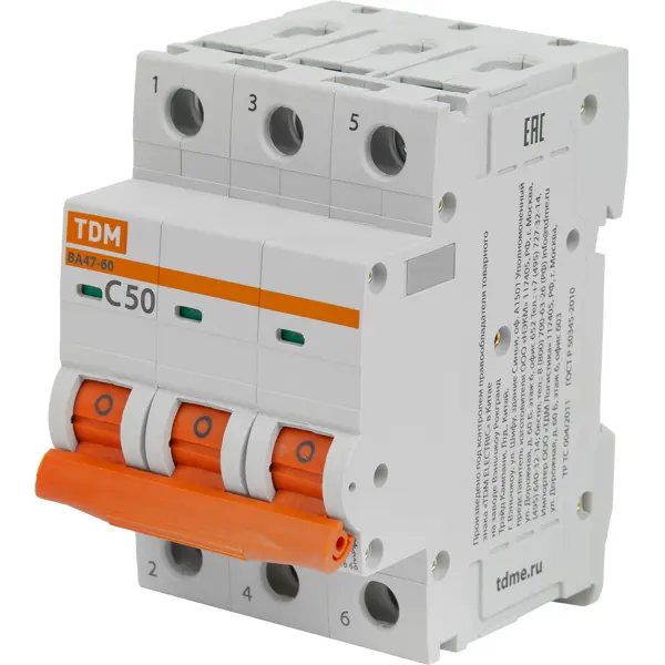 Автоматический выключатель TDM Electric ВА47-60 3P C50 А 6 кА SQ0223-0114 автоматический выключатель tdm electric ва47 60 3p c40 а 6 ка sq0223 0113