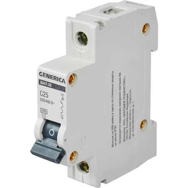 Автоматический выключатель Generica ВА47-29 1P C25 А 4.5 кА автоматический выключатель дифференциального тока generica