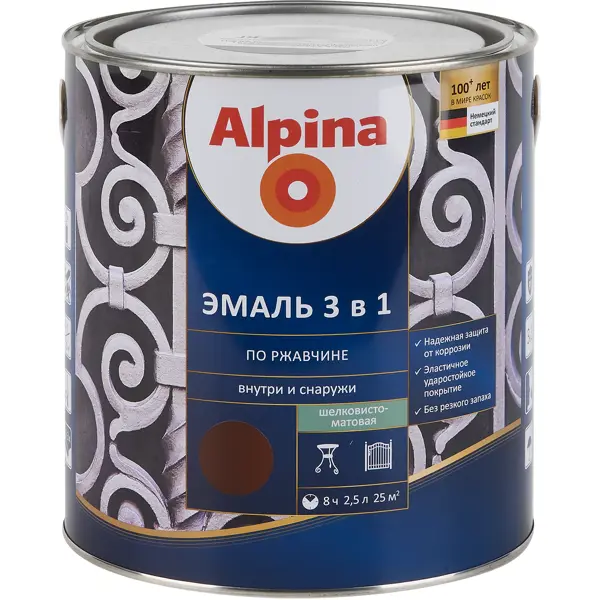 фото Эмаль по ржавчине 3 в 1 alpina цвет темно-коричневый 2.5 л