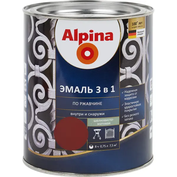 фото Эмаль по ржавчине 3 в 1 alpina цвет красно-коричневый 0.75 л