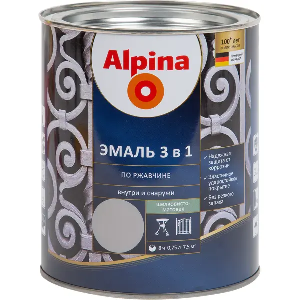 фото Эмаль по ржавчине 3 в 1 alpina цвет серый 0.75 л