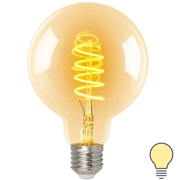Лампа светодиодная филаментная Volpe G95 E27 220 В 5 Вт шар прозрачный с золотистым напылением 470 лм, теплый белый свет