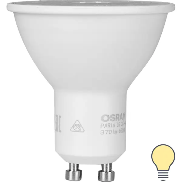 фото Лампа светодиодная osram gu10 230 в 4 вт спот прозрачная 265 лм теплый белый свет