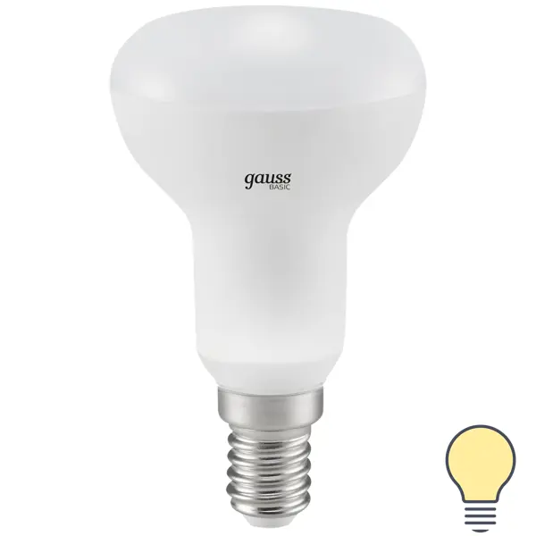 фото Лампа светодиодная gauss r50 e14 170-240 в 7.5 вт гриб матовая 750 лм, теплый белый свет