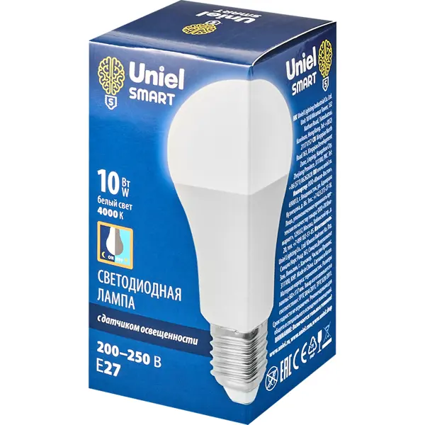 фото Лампа светодиодная с датчиком освещенности e27 uniel smart 200-250 в 10 вт груша матовая 900 лм, белый свет