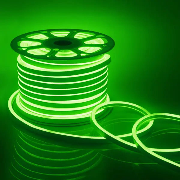 фото Светодиодная неоновая лента apeyron для уличной подсветки 17-37 120 диод 5.5 вт 220 в 80 мм ip65 50 м зеленый свет