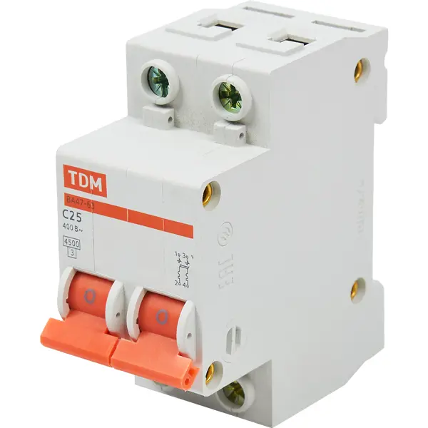 Автоматический выключатель TDM Electric ВА47-63 2P C25 А 4.5 кА SQ0218-0012 изолента пвх 15 мм 130 мкм желтая 20 м tdm electric sq0526 0012