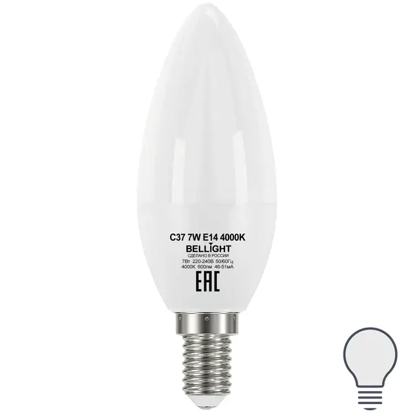 Лампа светодиодная Bellight Е14 7 Вт свеча 600 Лм нейтральный белый свет ночник свеча в подсвечнике led от батареек белый 4х9 5х15 см