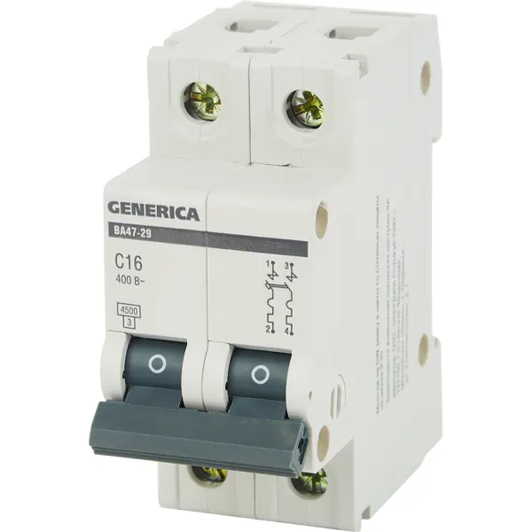 Автоматический выключатель Generica ВА47-29 2P C16 А 4.5 кА автоматический выключатель generica ва47 29 3p c25 а 4 5 ка