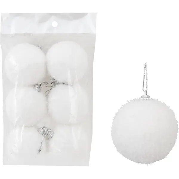 Набор ёлочных шаров флокированных 6 см цвет белый, 6 шт. набор елочных украшений 24 шт микс 6 см syqa 012252