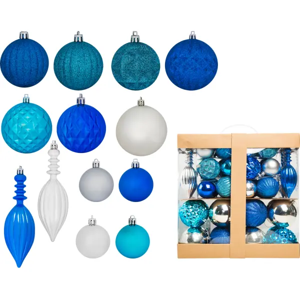 Набор ёлочных шаров 6-17 см цвет голубой/серебристый, 58 шт.