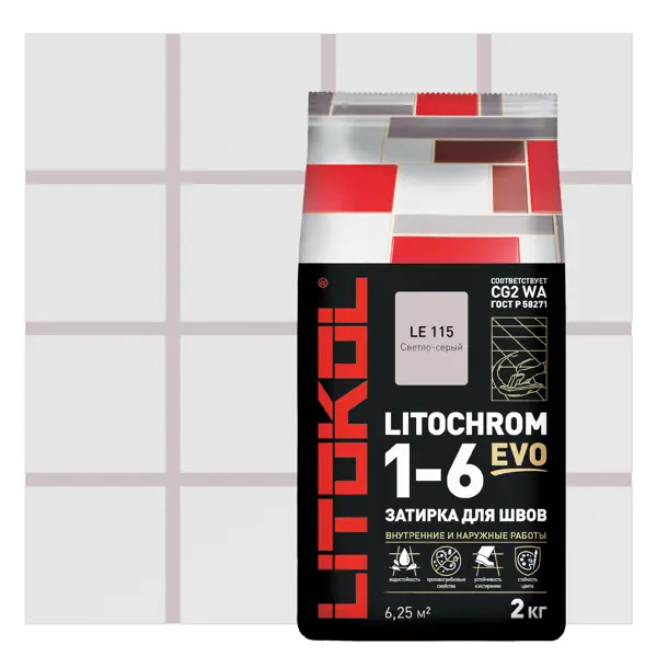 фото Затирка цементная litokol litochrom 1-6 evo цвет le 115 светло-серый 2 кг