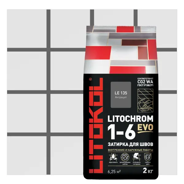 фото Затирка цементная litokol litochrom 1-6 evo цвет le 135 антрацит 2 кг