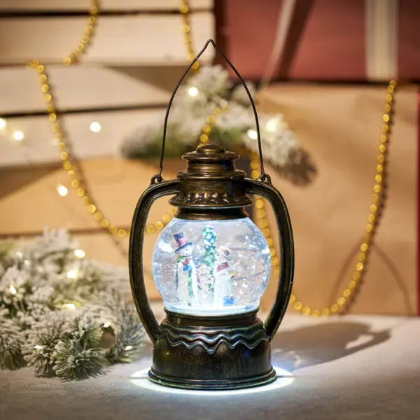 Фонарь декоративный светодиодный с эффектом снегопада «Снеговики», 14 см, пластик, белый свет, цвет чёрный