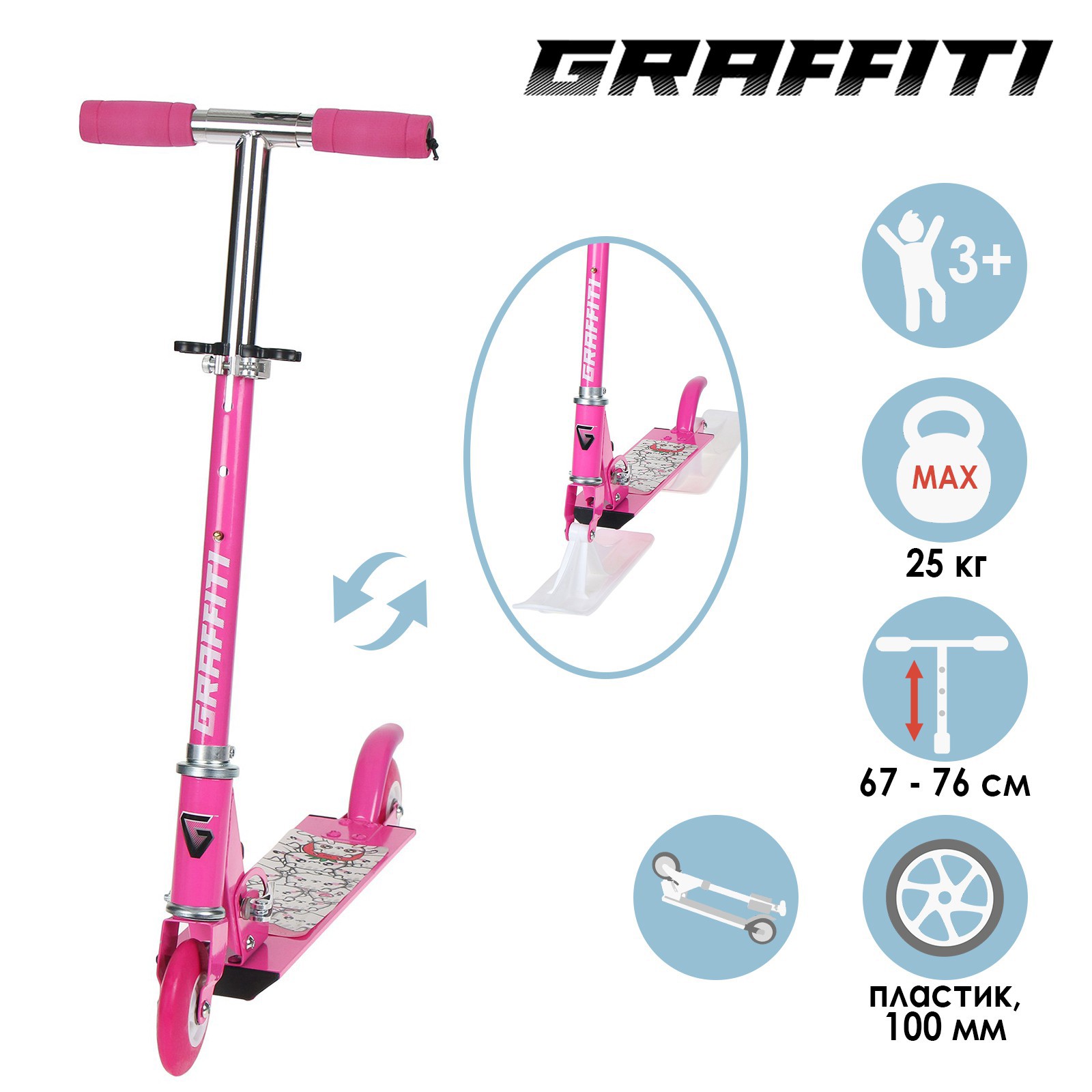 Самокат-Снегокат Graffiti Street Sport зимний 2 в 1 Котики цвет розовый по  цене 2829 ₽/шт. купить в Москве в интернет-магазине Леруа Мерлен