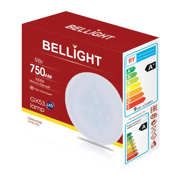 фото Лампа светодиодная bellight gx53 220-240 в 9 вт диск 750 лм теплый белый свет