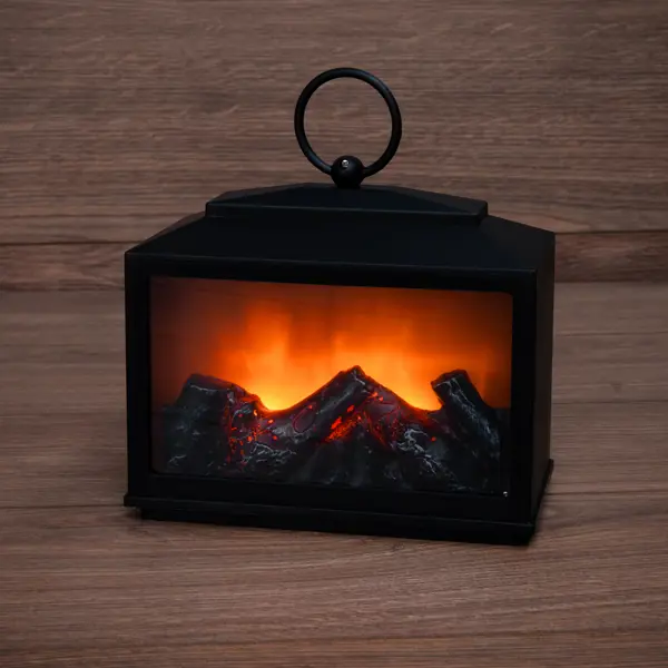 фото Фонарь камин сканди с эффектом живого огня, 18x9x16 см, цвет черный без бренда