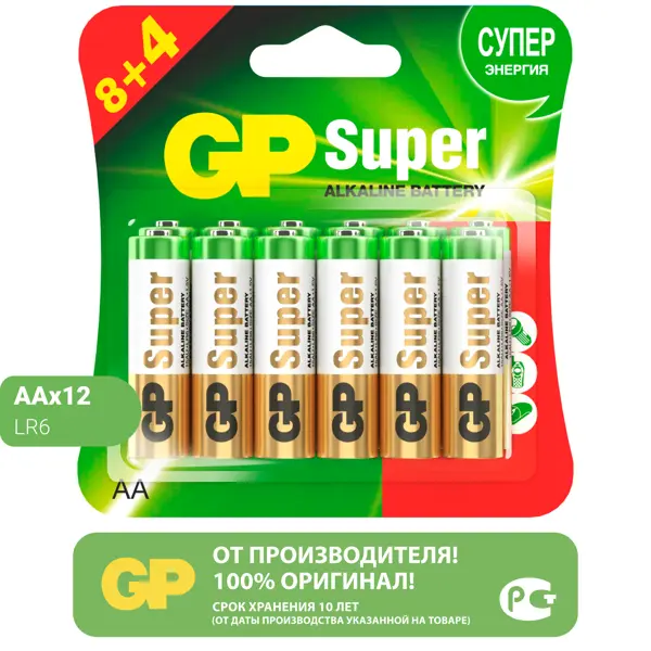 Батарейка GP Super AA (LR6) алкалиновая 12 шт. батарейка gp super aa lr6 алкалиновая 8 шт