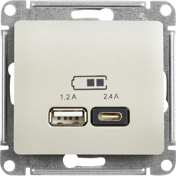Розетка USB A+С встраиваемая Schneider Electric Glossa цвет платина розетка двойная schneider electric glossa rj45 rj11 перламутр