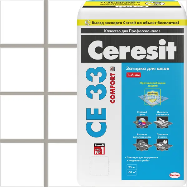 фото Затирка для узких швов ceresit ce 33 «comfort», ширина шва 2-6 мм, 25 кг, сталь, цвет серый