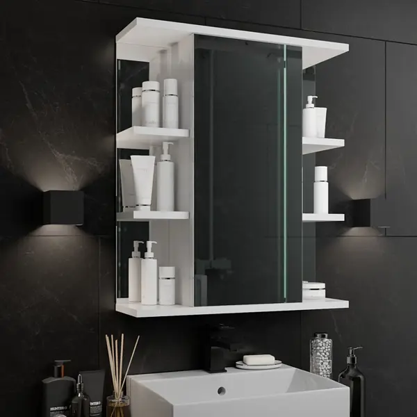Шкаф зеркальный подвесной Универсал с полками 60x71 см цвет белый паста от устойчивых загрязнений tm primaterra