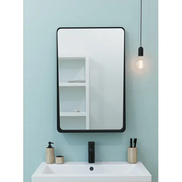 фото Зеркало для ванной март ferro с полкой 50x69.2 см цвет чёрный