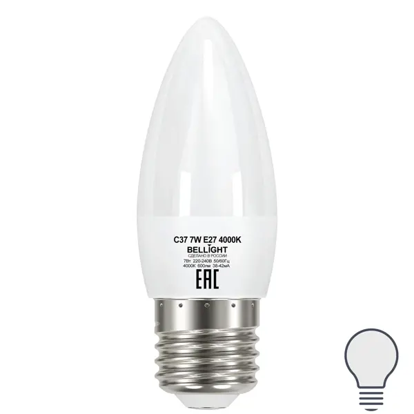 Лампа светодиодная Bellight E27 220-240 В 7 Вт свеча 600 лм нейтральный белый цвет света
