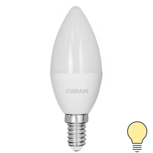 Лампа светодиодная Osram свеча 5Вт 470Лм E14 теплый белый свет свеча шар фигурный ø90 мм белый