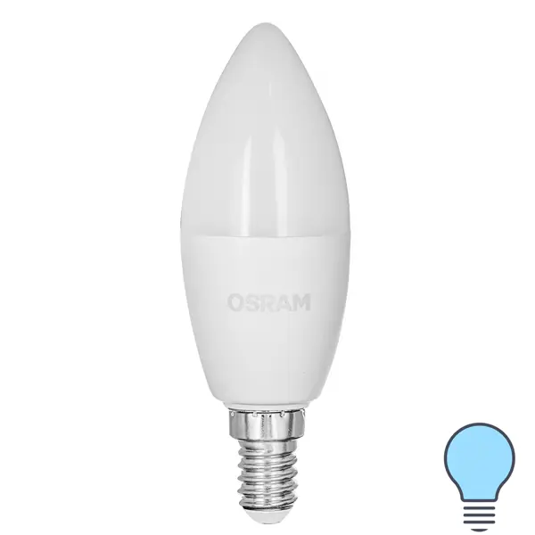 Лампа светодиодная Osram свеча 9Вт 806Лм E14 холодный белый свет свеча шар фигурный ø90 мм голубой