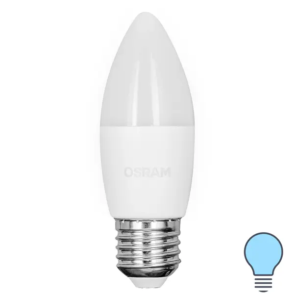 Лампа светодиодная Osram свеча 5Вт 470Лм E27 холодный белый свет свеча в подсвечнике из гипса с узкими гранями 7х8см голубой