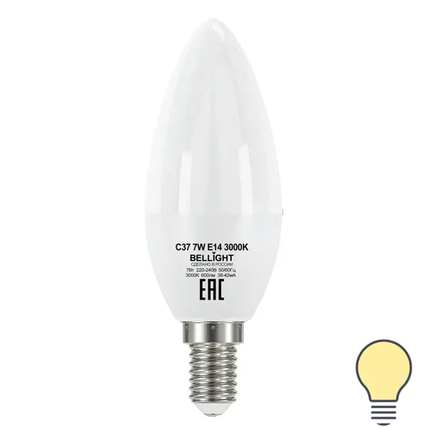 Лампа светодиодная Bellight E14 220-240 В 7 Вт свеча 600 лм теплый белый цвет света