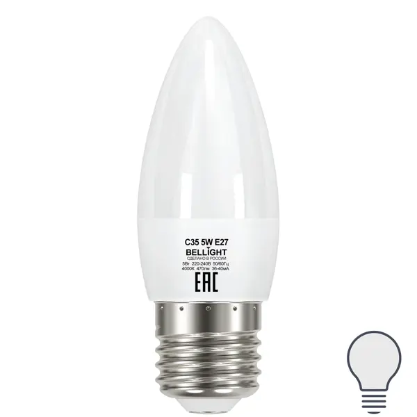 Лампа светодиодная Bellight E27 220-240 В 5 Вт свеча 470 лм нейтральный белый цвет света ночник зимняя свеча led rgb от батареек 3хlr1130 белый 6 5х6 5х13 см