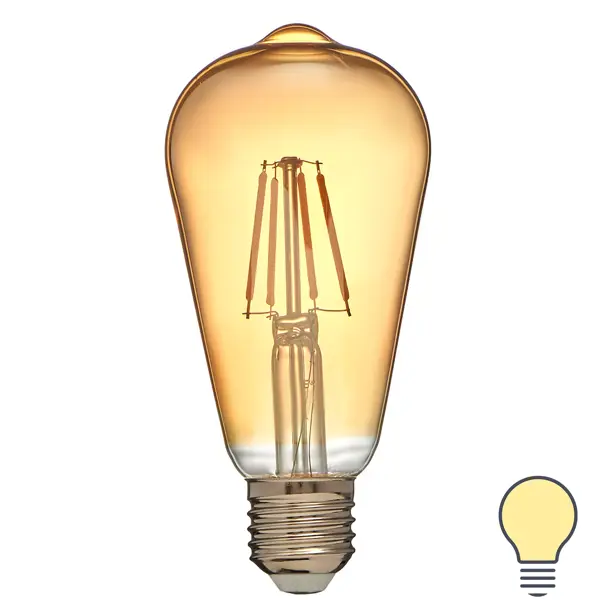 Лампа светодиодная филаментная Volpe E27 220 В 5 Вт конус прозрачный с золотистым напылением 470 лм, теплый белый свет лампа филаментная elektrostandard эдисон g95 e27 230 в 60 вт шар прозрачный с золотистым напылением тёплый белый свет